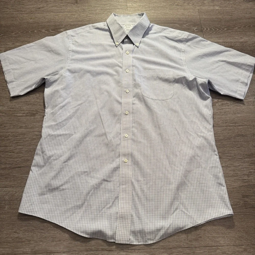 Vintage Brooks Brothers Shirt Mens 17 Blue White Check Cotton Slim Fit Non Iron